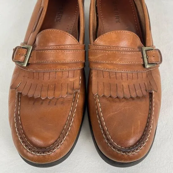 Sperry Kiltie Fringe Leather Loafers Mens 13 Tan Brown Slip On Shoes with Buckle