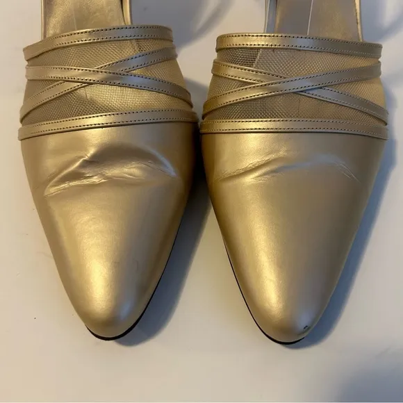 St. John Italian leather gold mesh slingback heels size 8.5 formal luxury