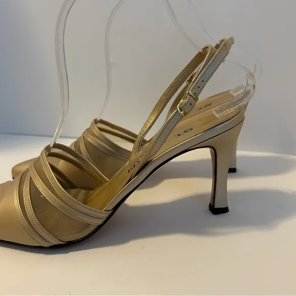 St. John Italian leather gold mesh slingback heels size 8.5 formal luxury