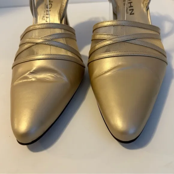 St. John Italian leather gold mesh slingback heels size 8.5 formal luxury