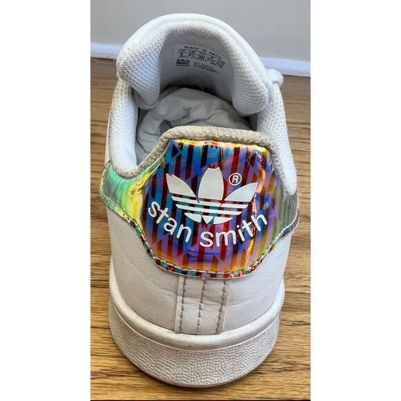 Stan Smith Adidas Girl’s Holographic White Leather Sneakers Shiny Heel Sz 4