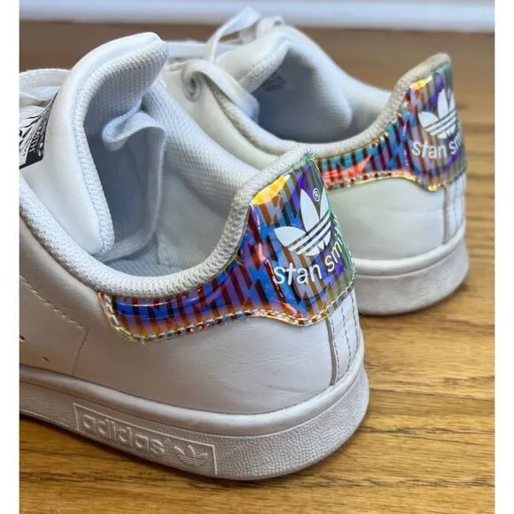 Stan Smith Adidas Girl’s Holographic White Leather Sneakers Shiny Heel Sz 4