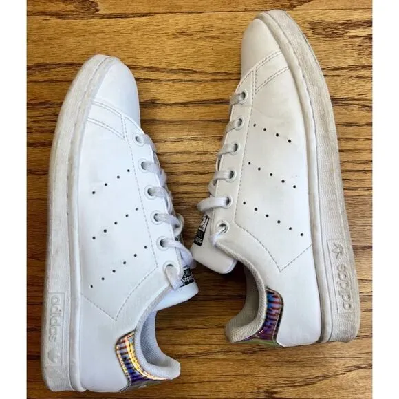 Stan Smith Adidas Girl’s Holographic White Leather Sneakers Shiny Heel Sz 4