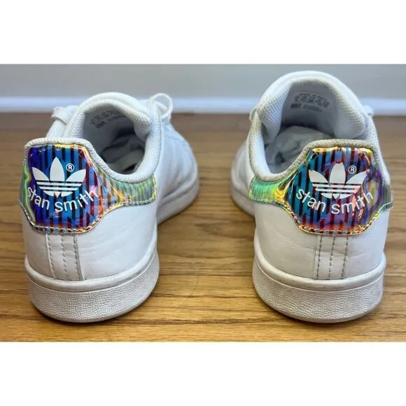 Stan Smith Adidas Girl’s Holographic White Leather Sneakers Shiny Heel Sz 4