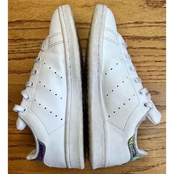 Stan Smith Adidas Girl’s Holographic White Leather Sneakers Shiny Heel Sz 4