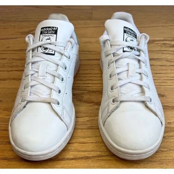 Stan Smith Adidas Girl’s Holographic White Leather Sneakers Shiny Heel Sz 4