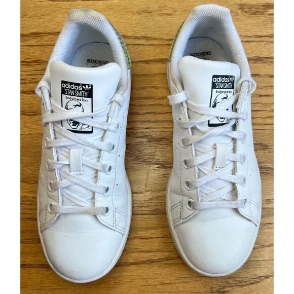 Stan Smith Adidas Girl’s Holographic White Leather Sneakers Shiny Heel Sz 4