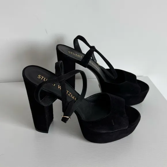 Stuart Weitzman 10 Ryder Black Suede Platform Sandals