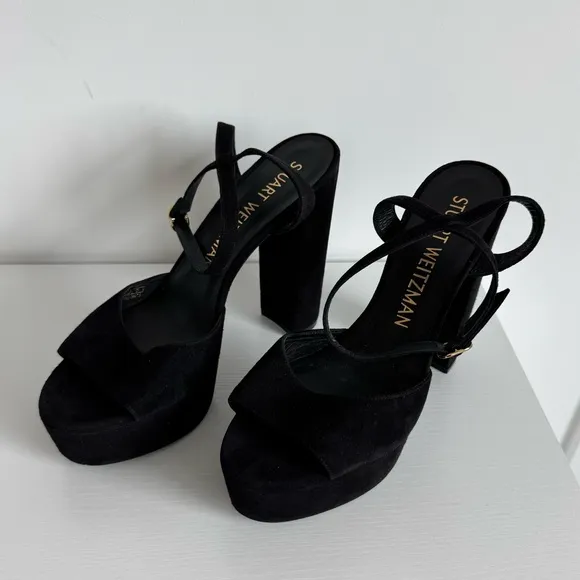 Stuart Weitzman 10 Ryder Black Suede Platform Sandals
