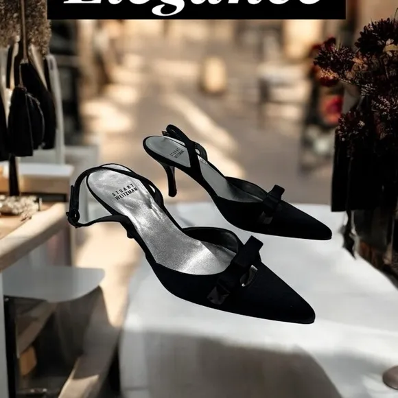 STUART WEITZMAN BLACK SATIN EVENING DRESS BOW SLINGBACK shoes size 8 N