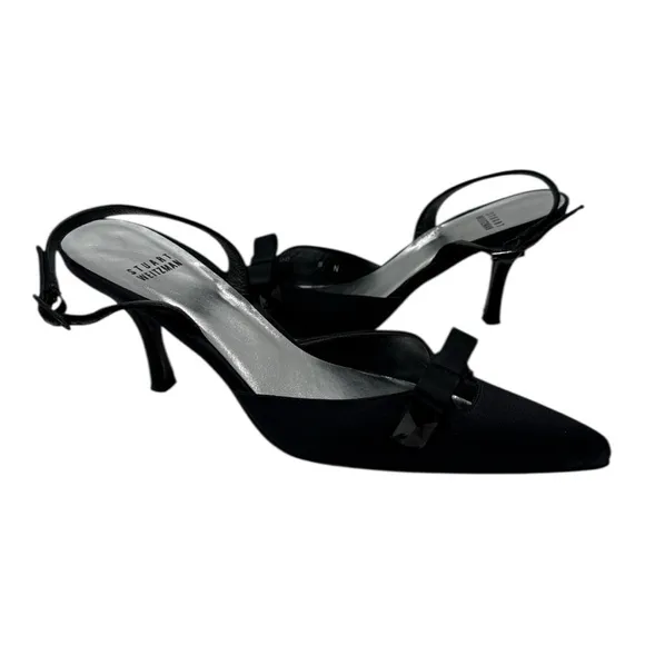 STUART WEITZMAN BLACK SATIN EVENING DRESS BOW SLINGBACK shoes size 8 N