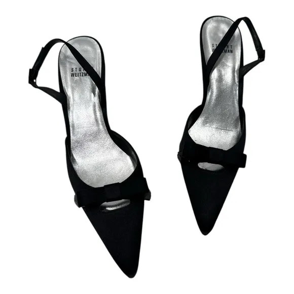 STUART WEITZMAN BLACK SATIN EVENING DRESS BOW SLINGBACK shoes size 8 N