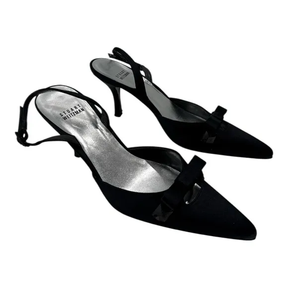 STUART WEITZMAN BLACK SATIN EVENING DRESS BOW SLINGBACK shoes size 8 N