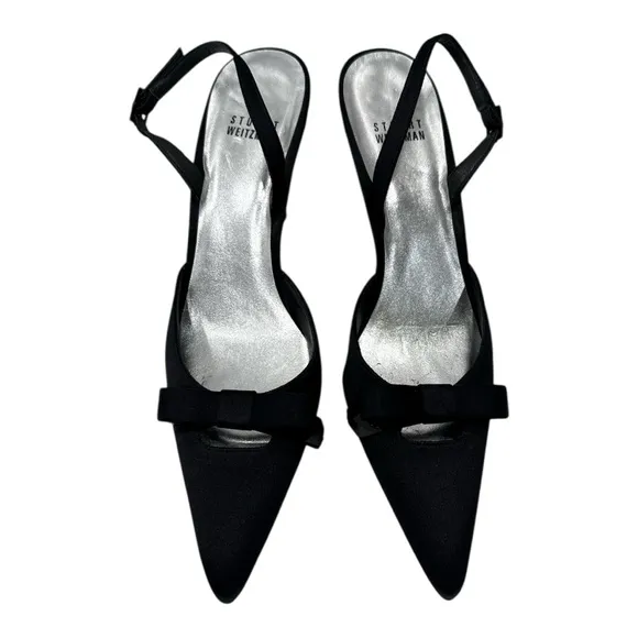 STUART WEITZMAN BLACK SATIN EVENING DRESS BOW SLINGBACK shoes size 8 N