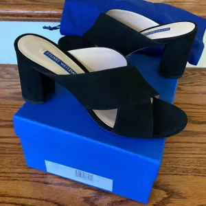 Stuart Weitzman black suede block heel sandals. 7.5 NWT box, bag