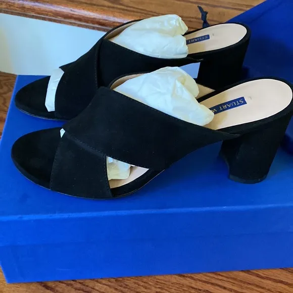 Stuart Weitzman black suede block heel sandals. 7.5 NWT box, bag
