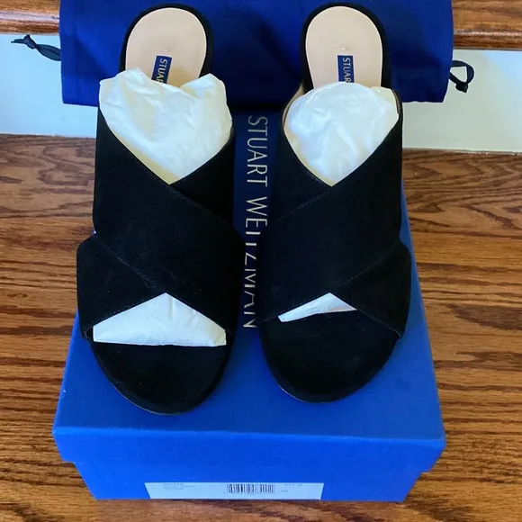 Stuart Weitzman black suede block heel sandals. 7.5 NWT box, bag