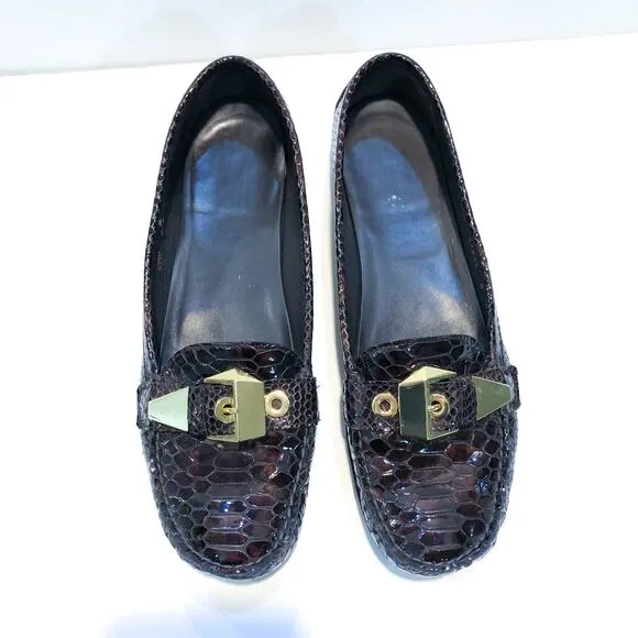 Stuart Weitzman Brown Croc Patent Leather Buckle Mocassin Loafer Flats