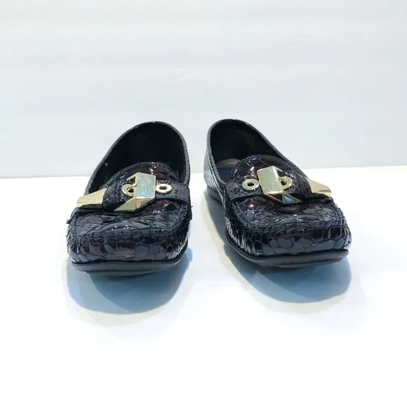 Stuart Weitzman Brown Croc Patent Leather Buckle Mocassin Loafer Flats