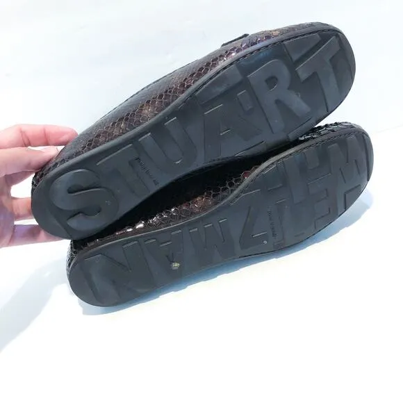 Stuart Weitzman Brown Croc Patent Leather Buckle Mocassin Loafer Flats