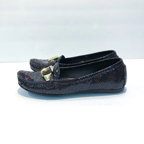 Stuart Weitzman Brown Croc Patent Leather Buckle Mocassin Loafer Flats