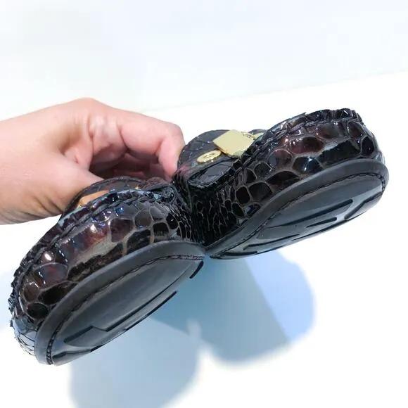 Stuart Weitzman Brown Croc Patent Leather Buckle Mocassin Loafer Flats