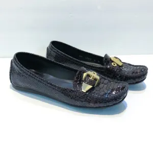 Stuart Weitzman Brown Croc Patent Leather Buckle Mocassin Loafer Flats