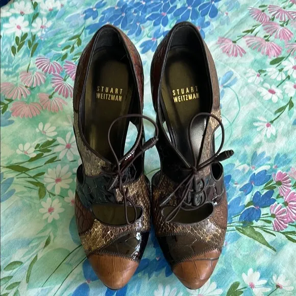 Stuart Weitzman Mixed Leather Tuxedo Lace Up Heels - 8 M (?)