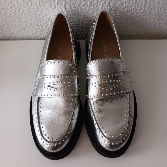 STUART WEITZMAN Parker Loafers Medium Silver Leather Metallic size 9