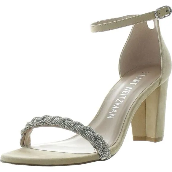 Stuart Weitzman Womens Hishine Beige Suede Rhinestone Heels Shoes New