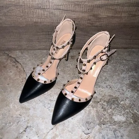 Studded Ankle Strap High Heels Stilettos Pumps Sz 8.5 Dress Shoes Formal Wedding