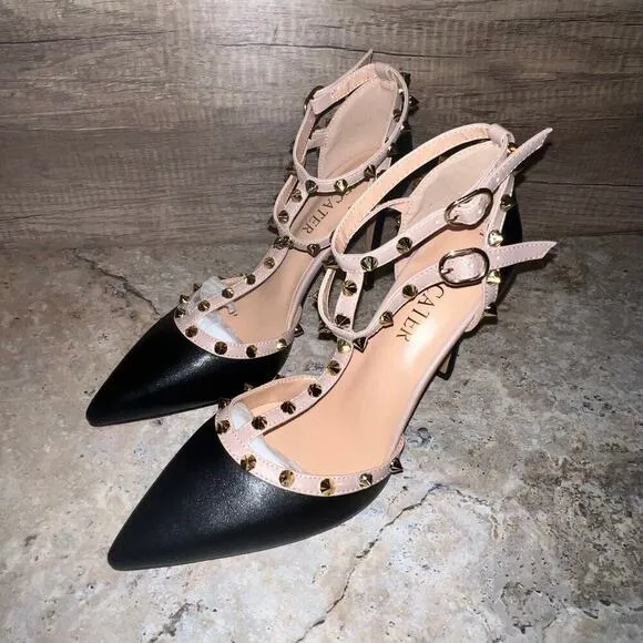 Studded Ankle Strap High Heels Stilettos Pumps Sz 8.5 Dress Shoes Formal Wedding