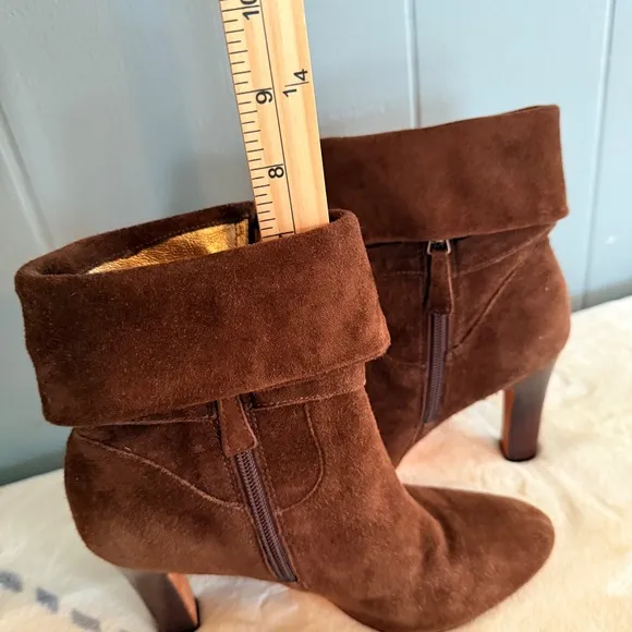 Suede Boots Keaton Cuff Ankle Brown Fringe Heeled Booties 7M Western Boho Chic