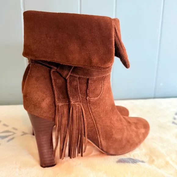 Suede Boots Keaton Cuff Ankle Brown Fringe Heeled Booties 7M Western Boho Chic