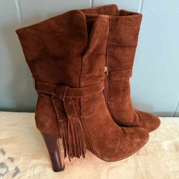 Suede Boots Keaton Cuff Ankle Brown Fringe Heeled Booties 7M Western Boho Chic