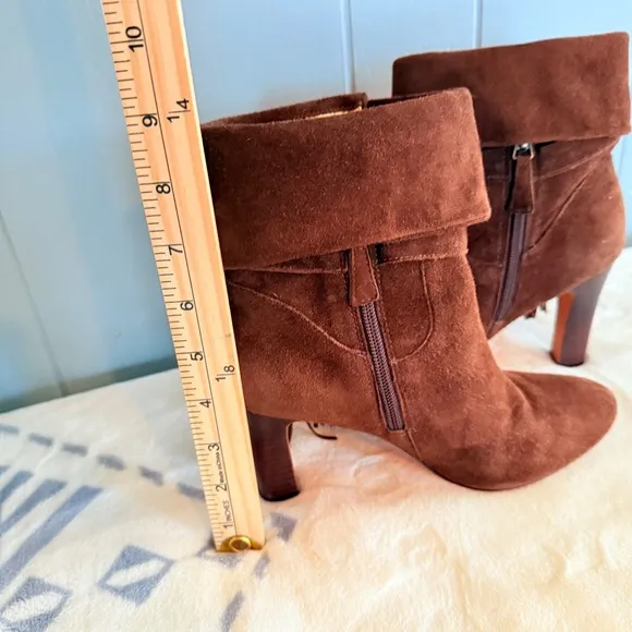 Suede Boots Keaton Cuff Ankle Brown Fringe Heeled Booties 7M Western Boho Chic