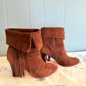 Suede Boots Keaton Cuff Ankle Brown Fringe Heeled Booties 7M Western Boho Chic