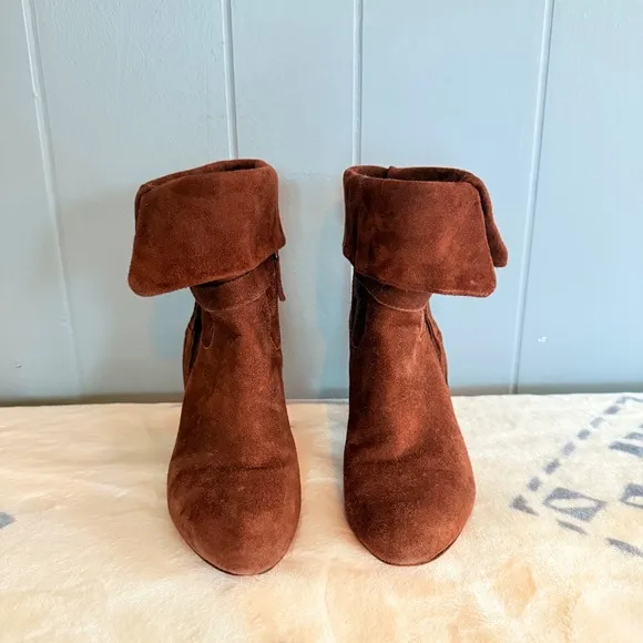 Suede Boots Keaton Cuff Ankle Brown Fringe Heeled Booties 7M Western Boho Chic