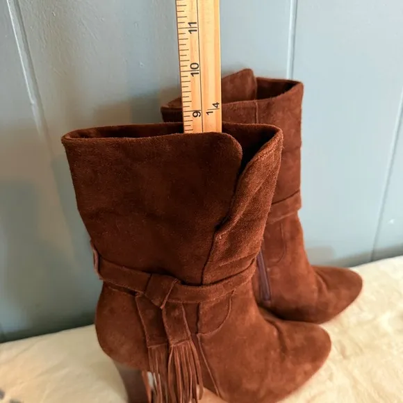 Suede Boots Keaton Cuff Ankle Brown Fringe Heeled Booties 7M Western Boho Chic