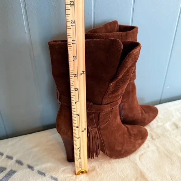 Suede Boots Keaton Cuff Ankle Brown Fringe Heeled Booties 7M Western Boho Chic
