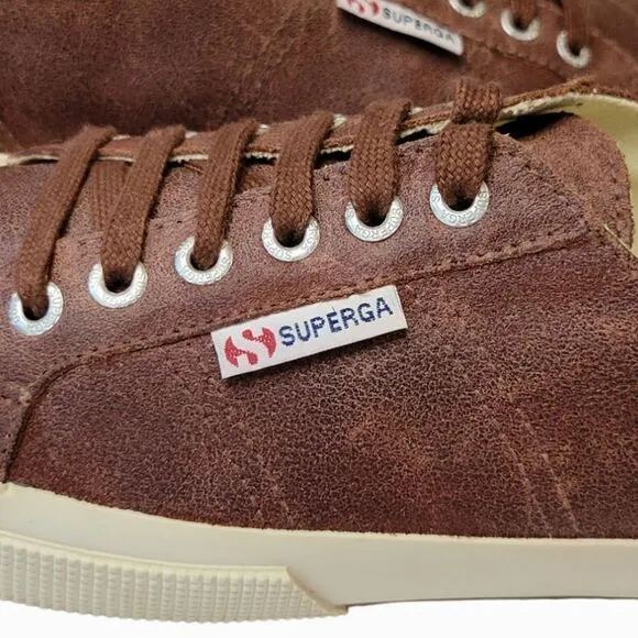 Superga Brown Leather Lace-Up Sneakers Size 10