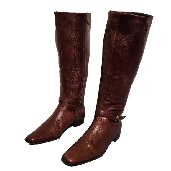 Talbots Brown Leather Harness Knee-High Riding Boots Women's Size 8.5AA