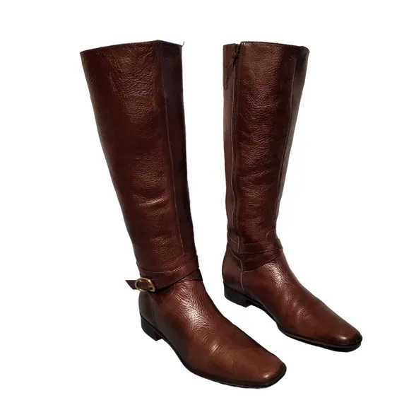 Talbots Brown Leather Harness Knee-High Riding Boots Women's Size 8.5AA