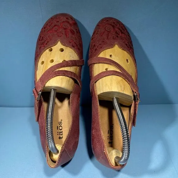 Taos Wish Womens Deep Red Leather Slip On Embroidered Mary Jane Shoes Size 39-8
