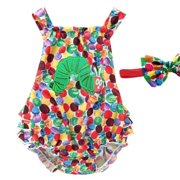 The Very Hungry Caterpillar Romper Smash Cake Birthday Dress Clothes Outfit bow