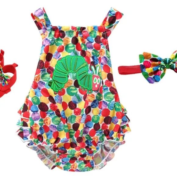 The Very Hungry Caterpillar Romper Smash Cake Birthday Dress Clothes Outfit bow
