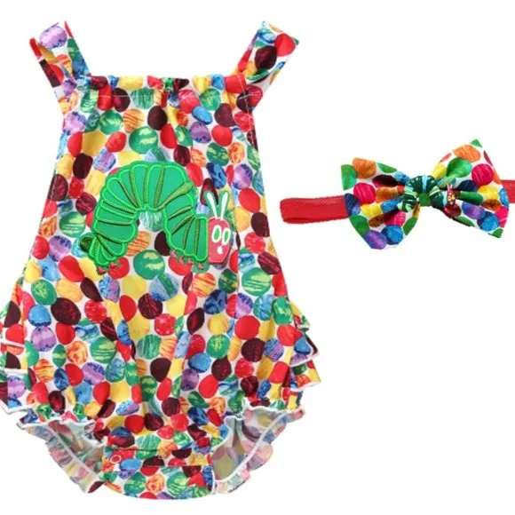The Very Hungry Caterpillar Romper Smash Cake Birthday Dress Clothes Outfit bow
