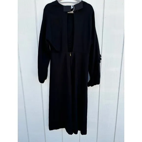 Tibi Black Maxi Dress, Long Sleeve, Ruffle Front / Sleeve, Keyhole Back, Sz 10