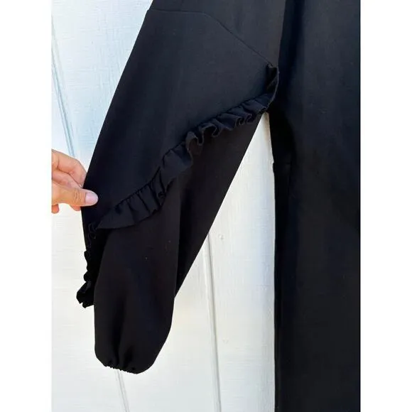 Tibi Black Maxi Dress, Long Sleeve, Ruffle Front / Sleeve, Keyhole Back, Sz 10
