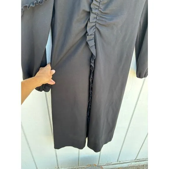Tibi Black Maxi Dress, Long Sleeve, Ruffle Front / Sleeve, Keyhole Back, Sz 10